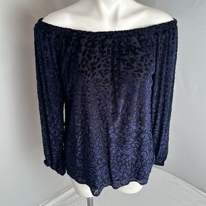 Single violet blue and black velvet burnout print off the shoulder top